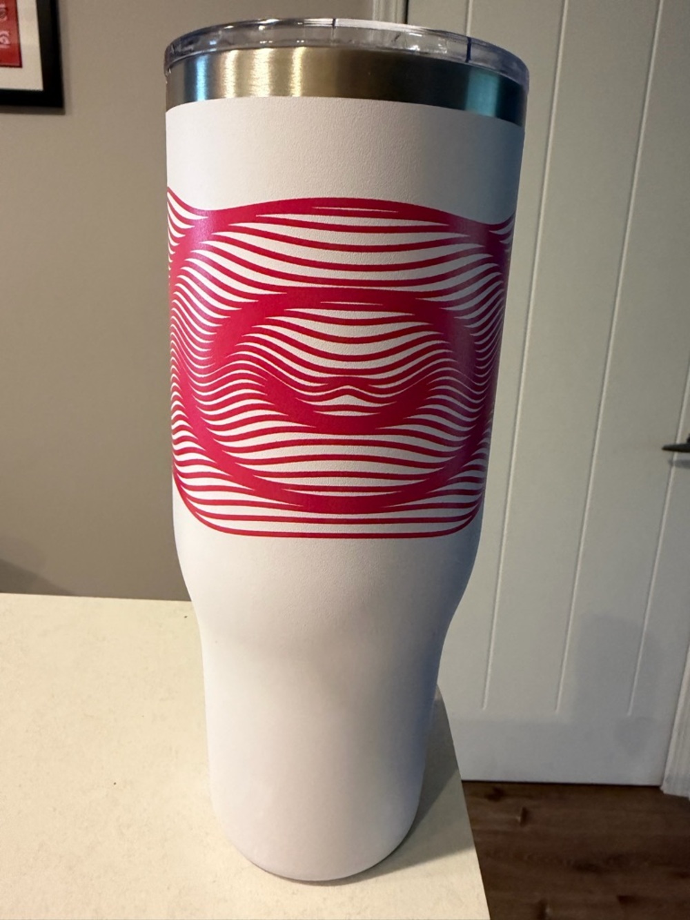 NEW! Insulated White Travel Tumbler with Pink Wave Design